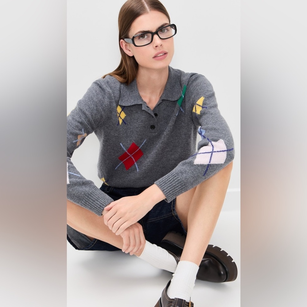 MSGM Argyle Collared Neck Sweater Button Placket Wool Cashmere Grey Gray 2 4 S